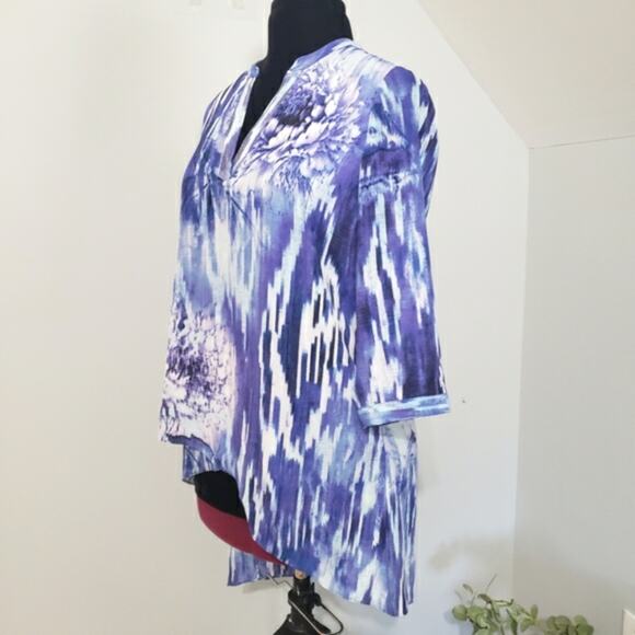Chico's Tiered Layer Floral Asymmetric Hem 3/4 Sleeve High Low Blue White Tunic - Picture 4 of 13